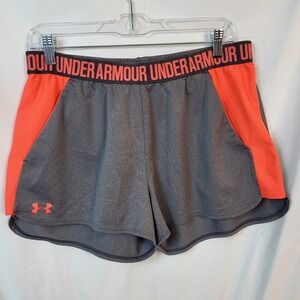 Under Armour HeatGear Gray Neon Orange Play Up Athletic Shorts Womens XL TG EG